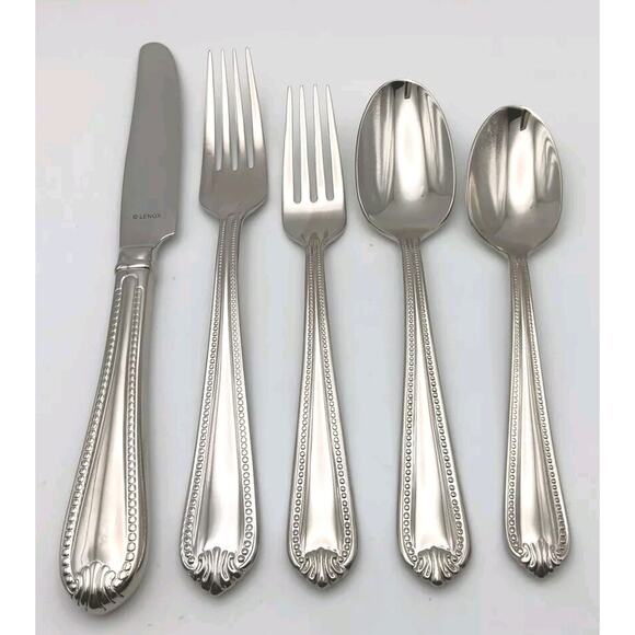 Lenox Bead Plum Tip 5 Piece Place Set 18/10 Stainless Glossy Flatware NOS